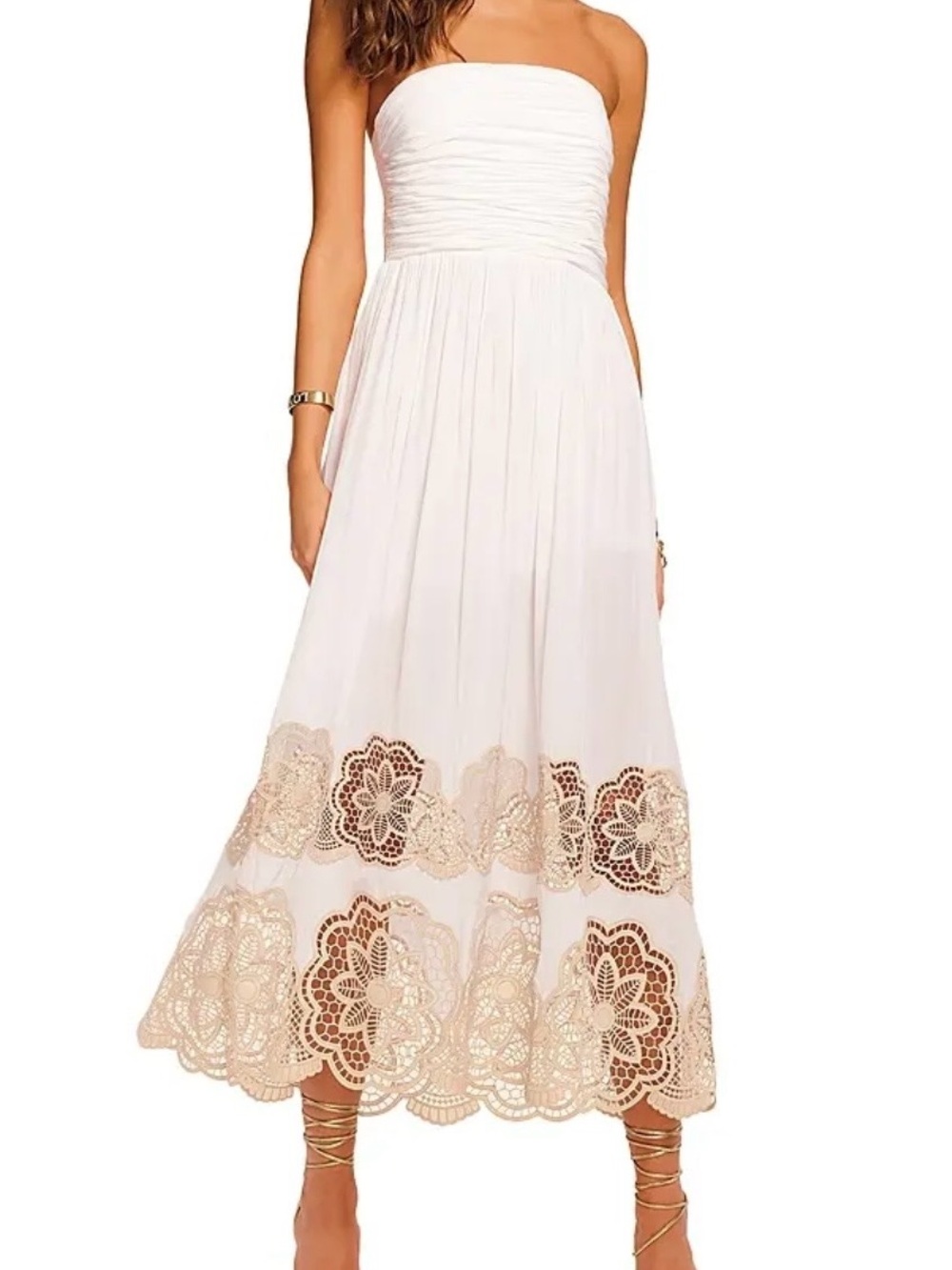 Ramy Brook Strapless White Maxi Dress with Gold Lace Trim
